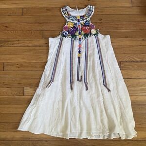 Free People Small 100% Cotton Embroidered Floral Halter Dress Boho Folk Festival